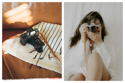 Girl, taking a photo with a vintage camera with a leather camera strap